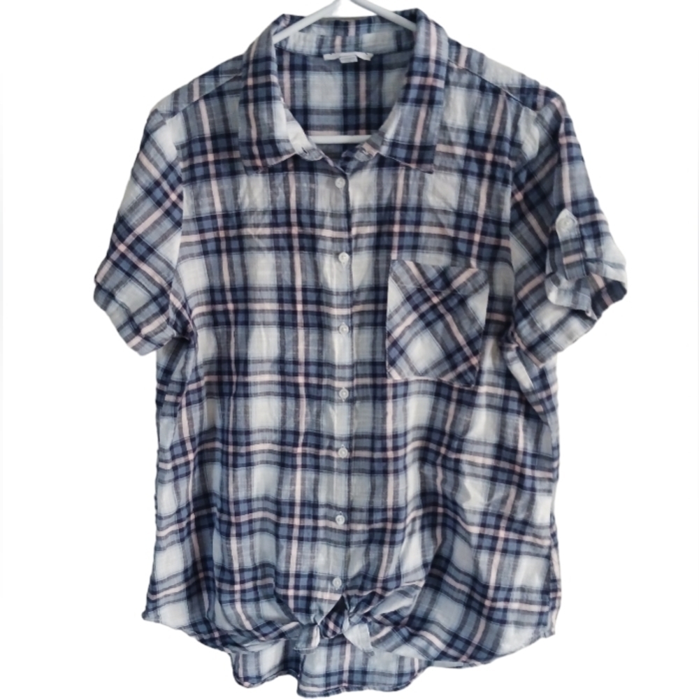 Westport Button Down Blue Plaid Short Sleeve Top